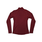 Red baselayer shirt with quarter zip by REI, shown in back view.