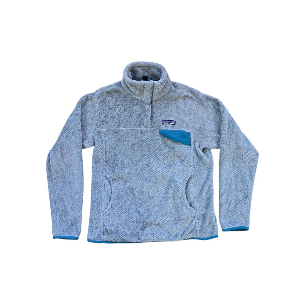 Grey fleece pullover by Patagonia with a front pocket and teal accents.