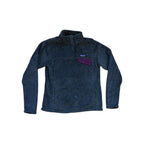 Gray pullover fleece by Patagonia, featuring a maroon pocket and high collar.