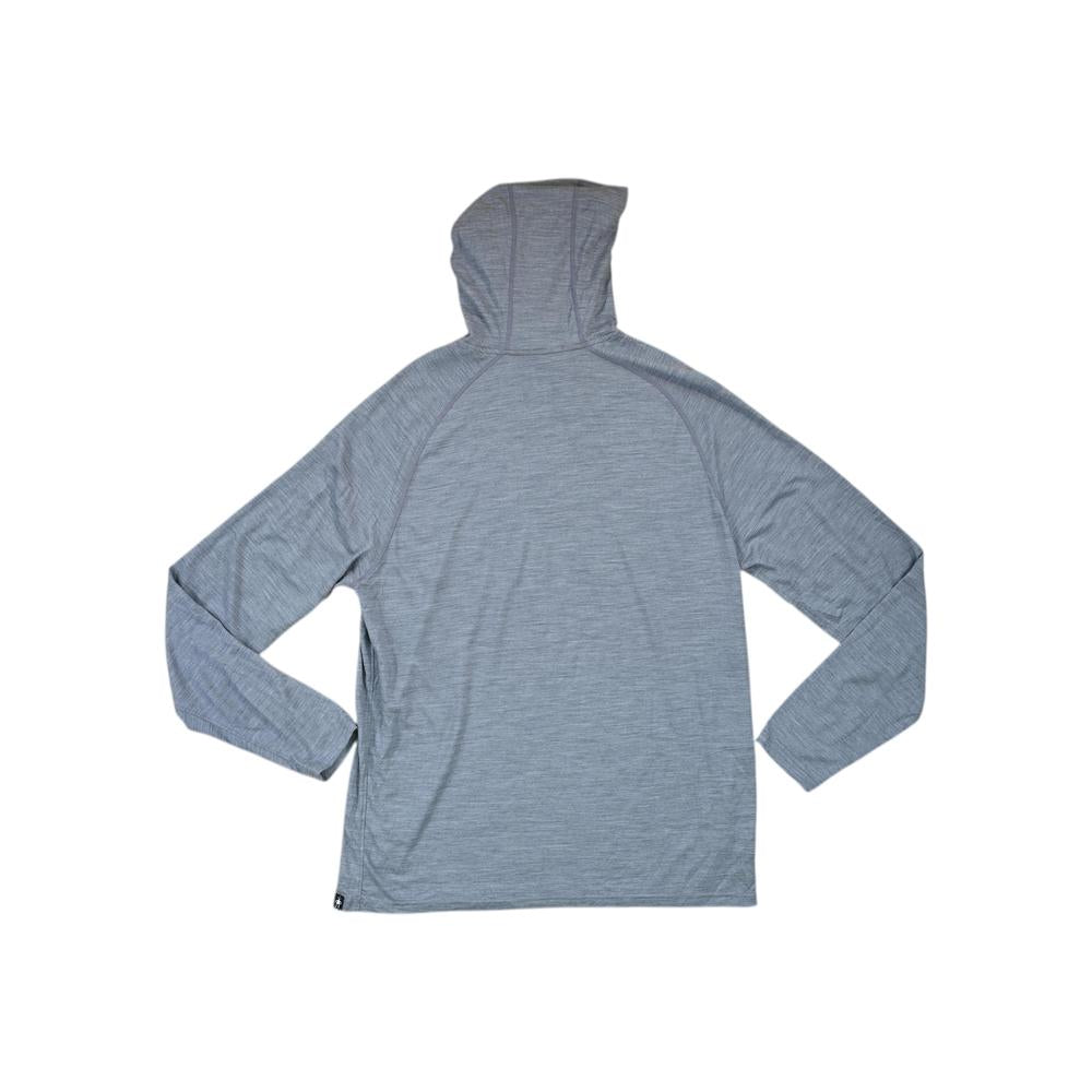 Gray hooded baselayer long-sleeve shirt by Smartwool, shown from the back with long sleeves.
