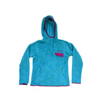 Teal hooded fleece by Patagonia, with pink trim, and a textured appearance.