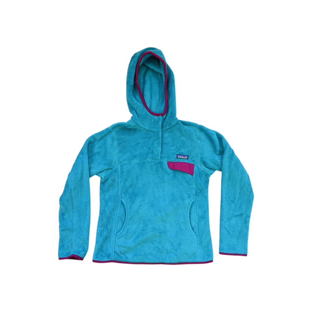 Teal hooded fleece by Patagonia, with pink trim, and a textured appearance.
