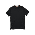 Black t-shirt by Icebreaker with a bright orange collar.