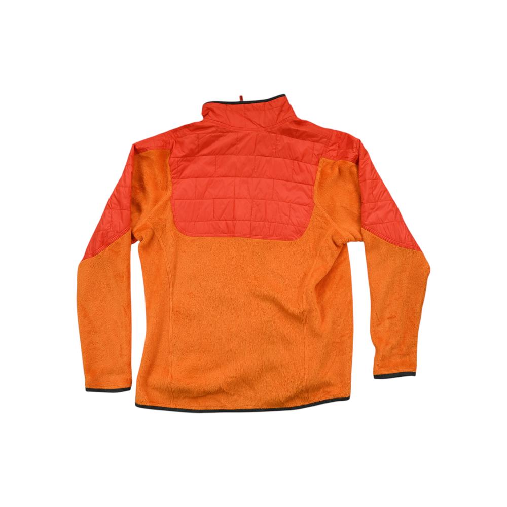 Orange fleece jacket by Patagonia, with quilted shoulder panels and black trim.