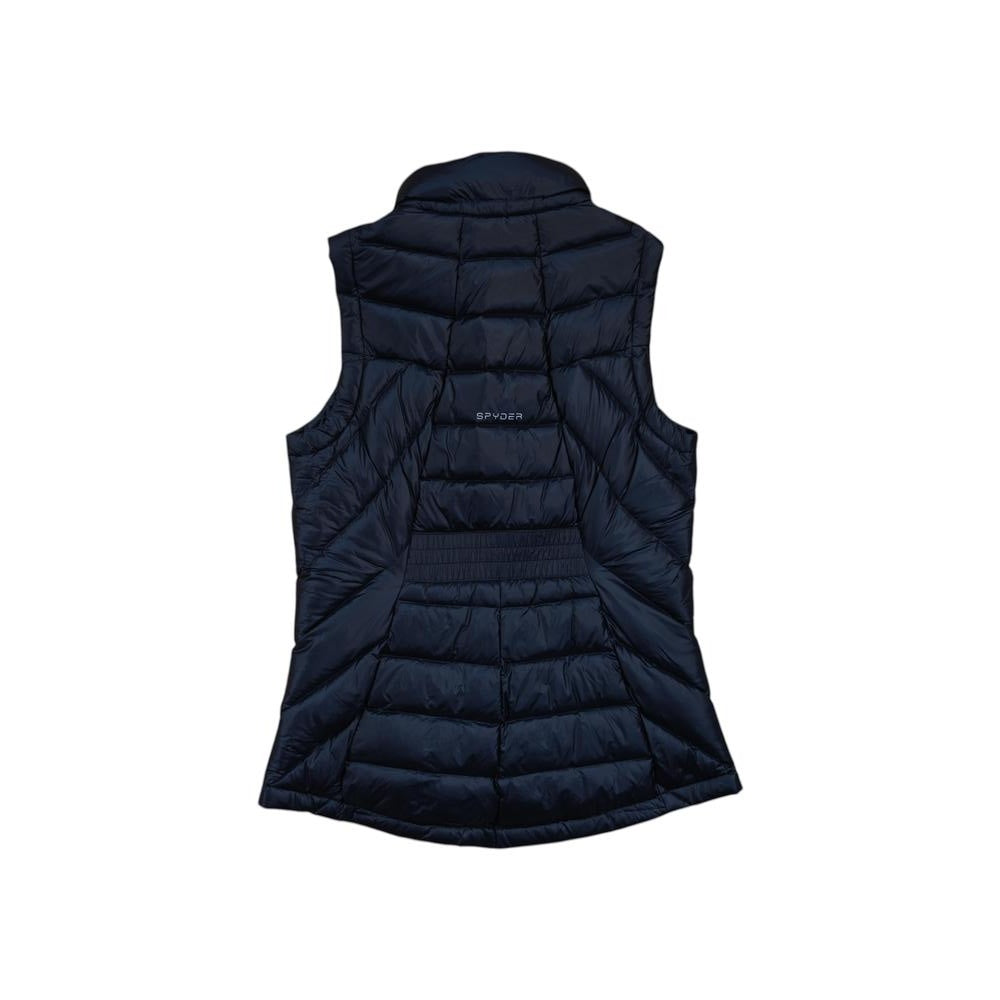 Black down vest by Spyder with quilted pattern and a slim fit.