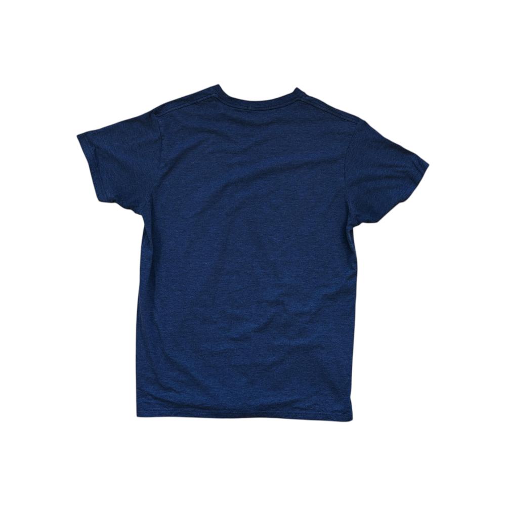 Navy slim fit cotton shirt by Patagonia with a heathered texture and short sleeves, shown from the back.