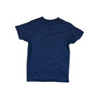 Navy slim fit cotton shirt by Patagonia with a heathered texture and short sleeves, shown from the back.
