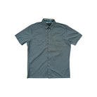 Green button-down shirt by Kuhl with short sleeves and two chest pockets.