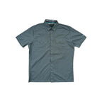 Green button-down shirt by Kuhl with short sleeves and two chest pockets.