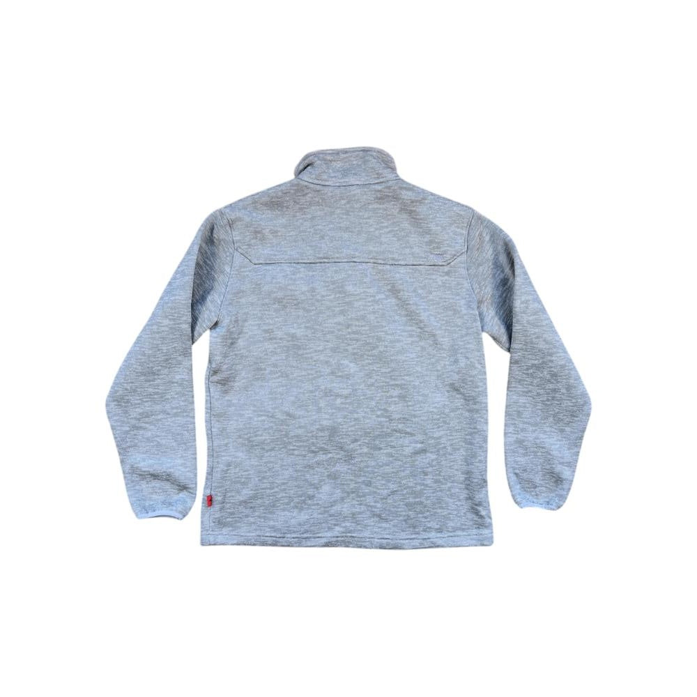 Gray fleece quarter-zip pullover by Mountain Khakis, showing back view with long sleeves and raised collar.