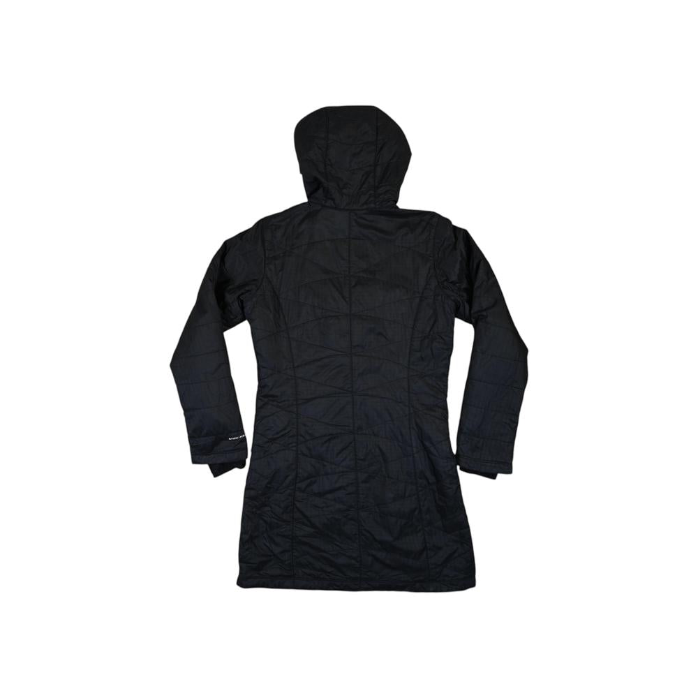Black synthetic insulated parka by Columbia, back view with a quilted pattern and a hood.