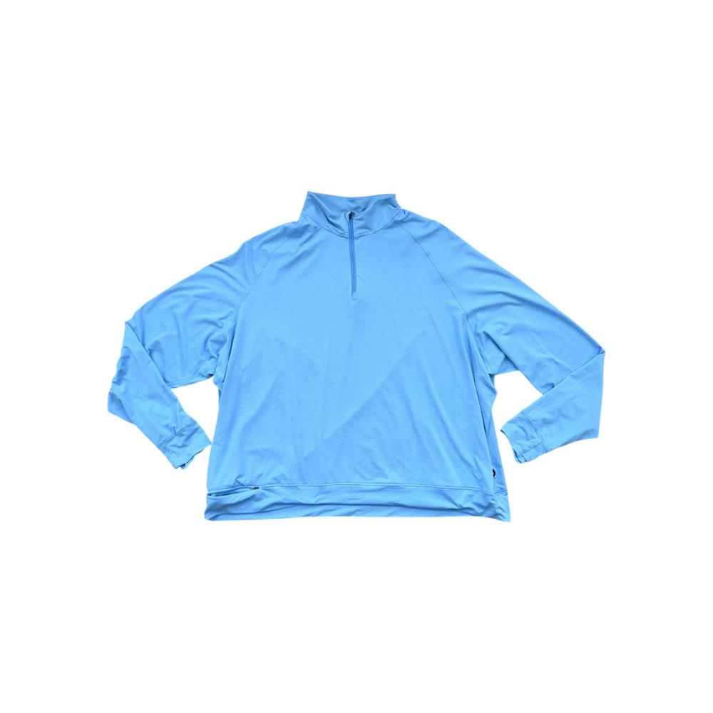 Blue base layer shirt with a quarter-zip by REI, presented on a white background.