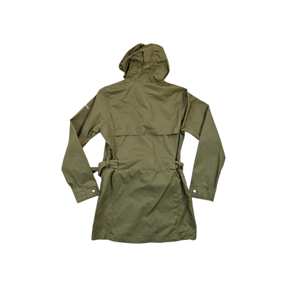 Green belted rain shell jacket by Columbia, featuring a hood and long sleeves.