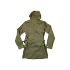 Green belted rain shell jacket by Columbia, featuring a hood and long sleeves.