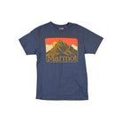 Blue graphic T-shirt by Marmot with a mountain range print, set against a white backdrop.