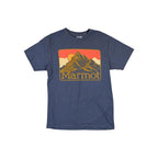 Blue graphic T-shirt by Marmot with a mountain range print, set against a white backdrop.