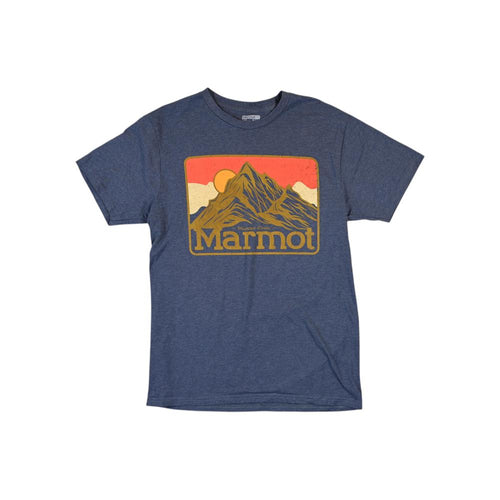 Blue graphic T-shirt by Marmot with a mountain range print, set against a white backdrop.