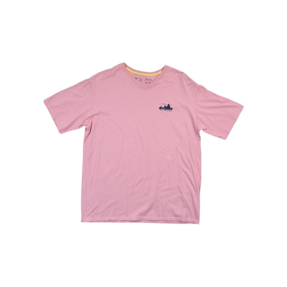 Pink t-shirt for men by Patagonia with a mountain graphic on the chest.