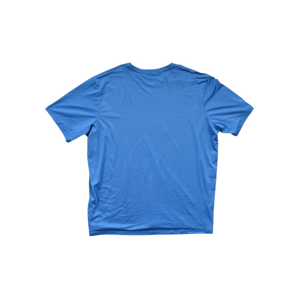 Blue short sleeve shirt by REI with a round neck and straight hem.