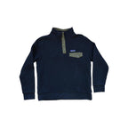 Gray quilted fleece pullover for women by Patagonia, with green collar, buttons, and left chest pocket.