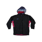 Vintage black and pink ski shell jacket by Columbia with a hood and front button closure.