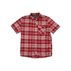 Red and grey plaid button-up shirt by Mountain Hardwear featuring a chest pocket.