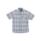 White button-up shirt by Mountain Hardwear, featuring a blue and black plaid pattern, and a chest pocket.