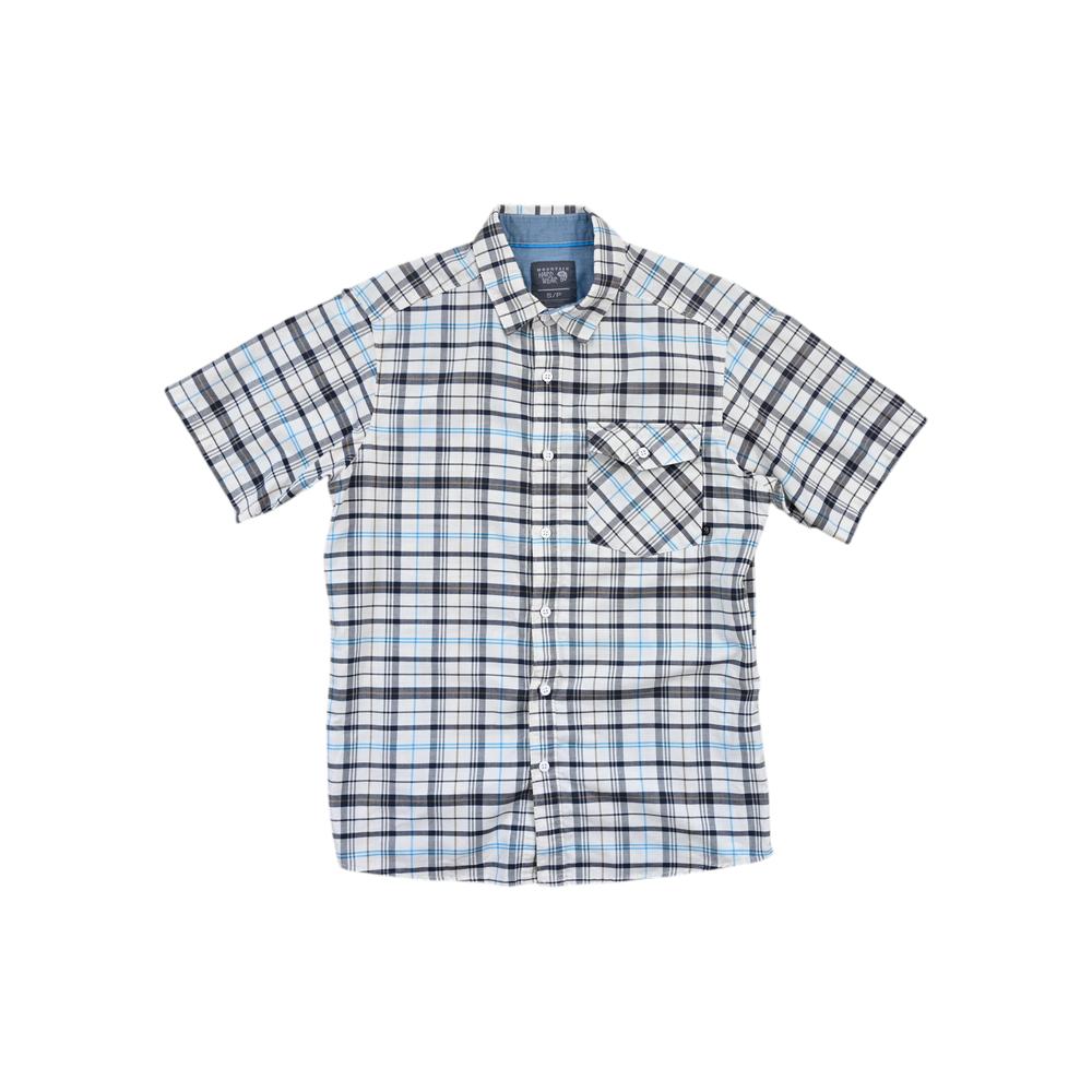 White button-up shirt by Mountain Hardwear, featuring a blue and black plaid pattern, and a chest pocket.