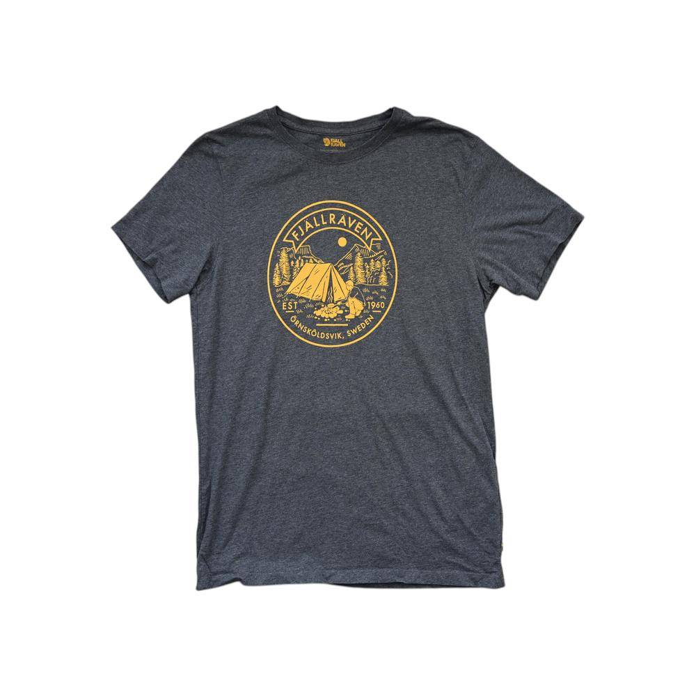 Gray graphic tee by Fjallraven, displaying a yellow camping-themed logo on the chest.