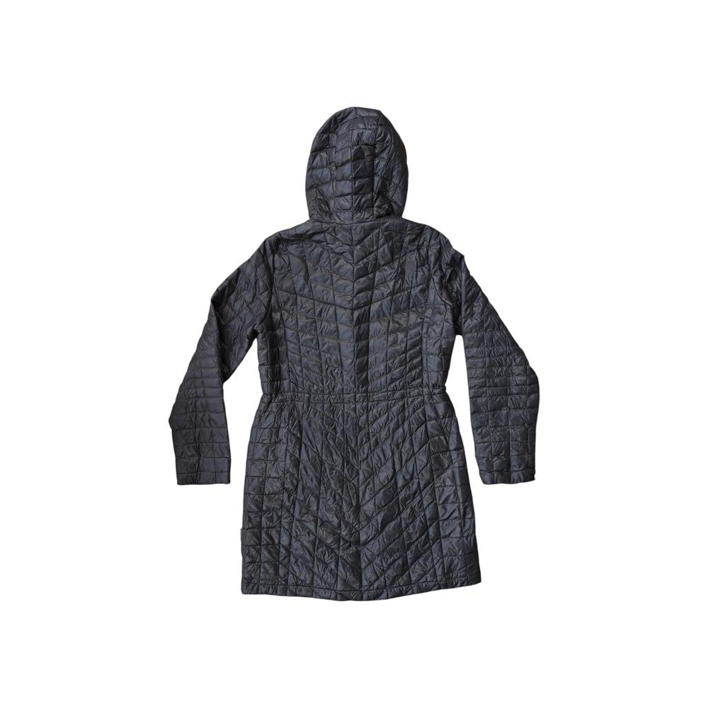 Black Thermoball insulated parka by North Face with a quilted pattern and attached hood on a white background.