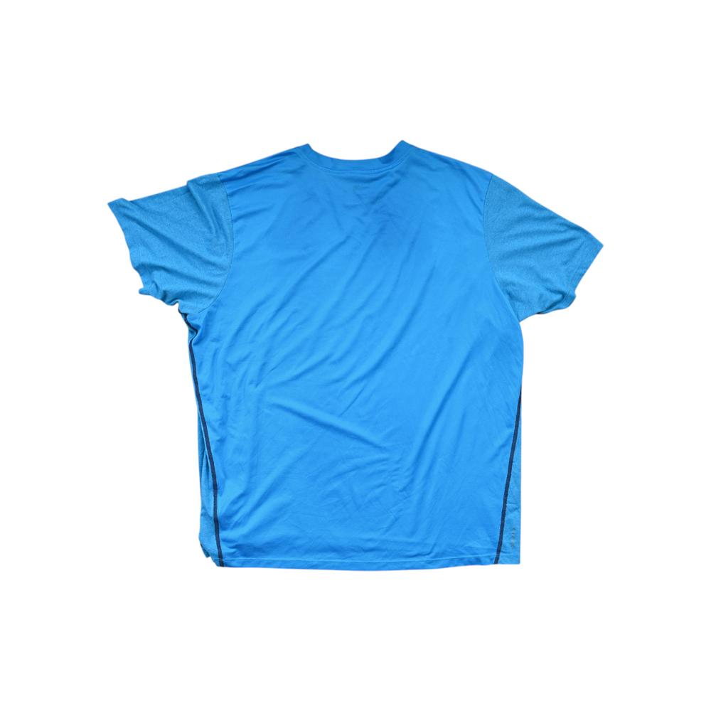 Blue active shirt for men by North Face, with short sleeves and dark side stripes.