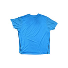 Blue active shirt for men by North Face, with short sleeves and dark side stripes.