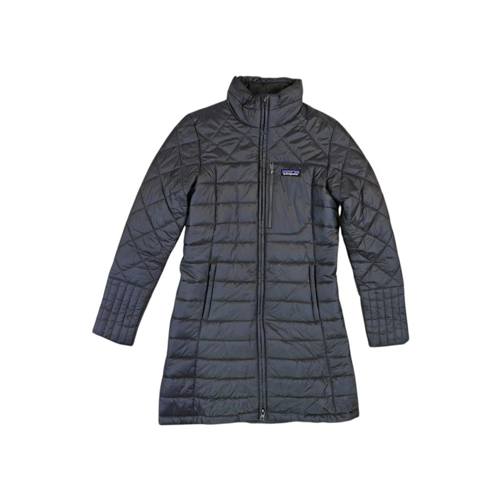 Grey parka by Patagonia with diamond quilted pattern, full zip closure, and straight silhouette.