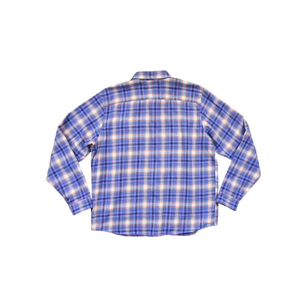 Purple flannel shirt by Patagonia with a blue and orange plaid pattern, shown from the back.