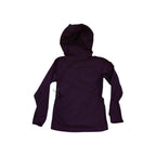 Maroon rain shell jacket by Arcteryx, seen from the back with an attached hood.