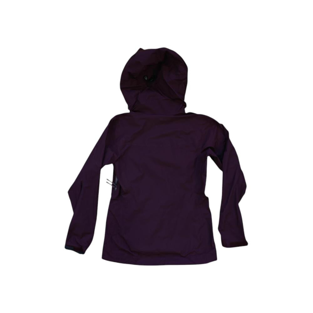 Maroon rain shell jacket by Arcteryx, seen from the back with an attached hood.
