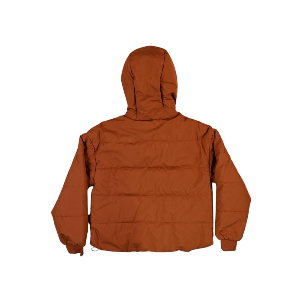 Orange insulated puffer jacket by Roark with a hood, shown from the back.