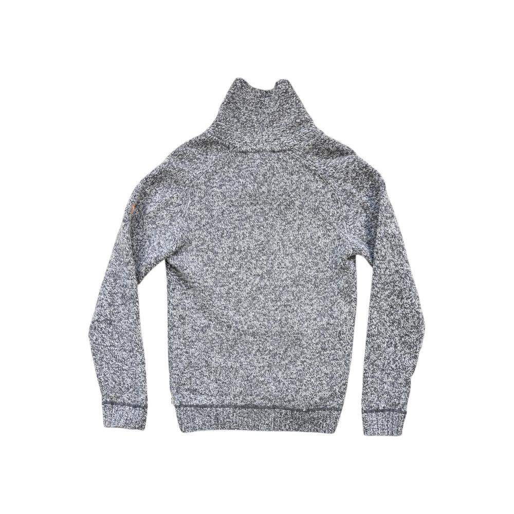 Gray knitted sweater by Fjallraven, with a tall, wide collar and long sleeves.