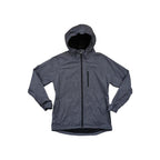 Grey hooded softshell jacket by Burton with a full front zipper and textured pattern.