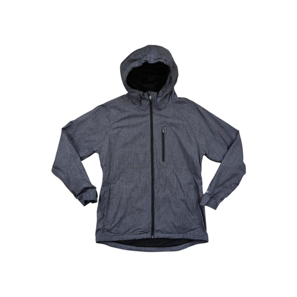 Grey hooded softshell jacket by Burton with a full front zipper and textured pattern.