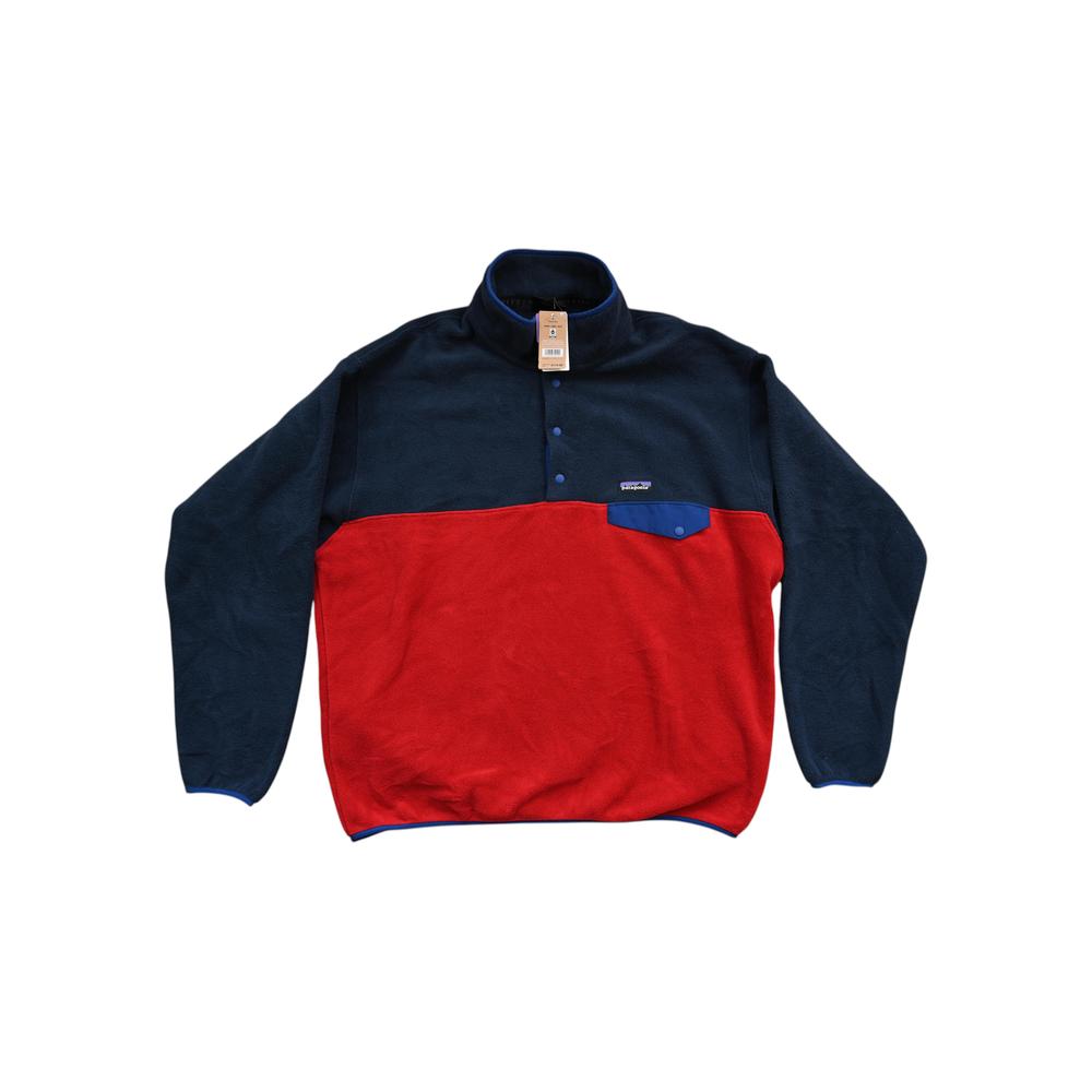 Red and blue fleece pullover by Patagonia with four-button placket, and a chest pocket.