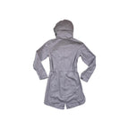 Grey trench rain shell jacket by Kuhl, seen from the back with a hood and drawstring waist.