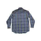 Blue flannel long sleeve shirt by Carhartt, featuring a plaid pattern, seen from the back.
