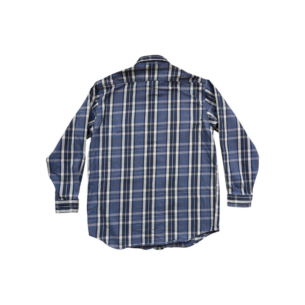 Blue flannel long sleeve shirt by Carhartt, featuring a plaid pattern, seen from the back.
