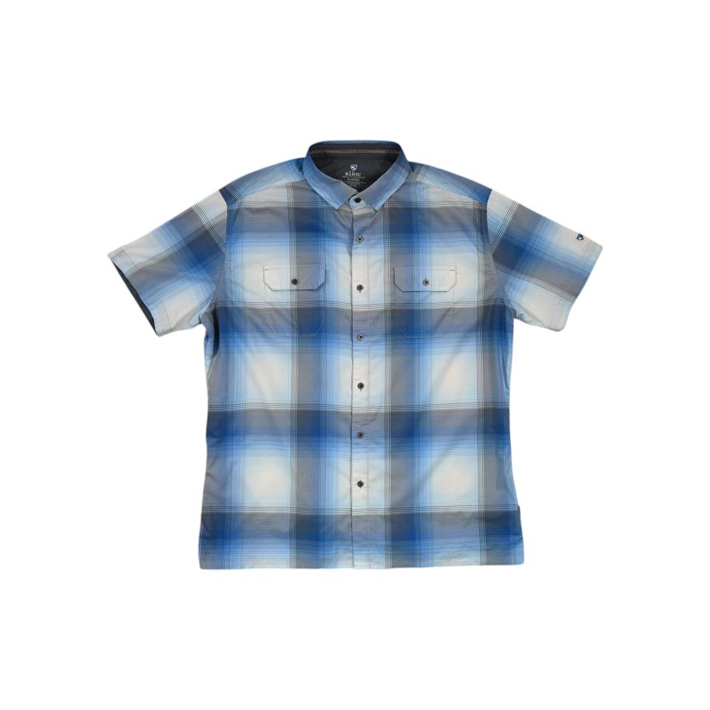 Blue button-up shirt by Kuhl, featuring a plaid pattern, short sleeves, and chest pockets.