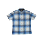 Blue button-up shirt by Kuhl, featuring a plaid pattern, short sleeves, and chest pockets.