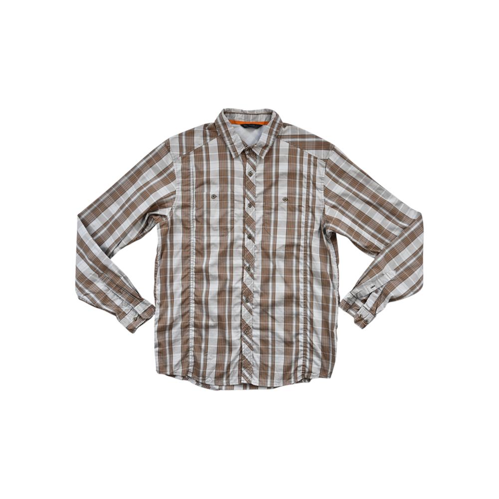 Men's long sleeve plaid button-up shirt by Arcteryx in brown and orange with two chest pockets.