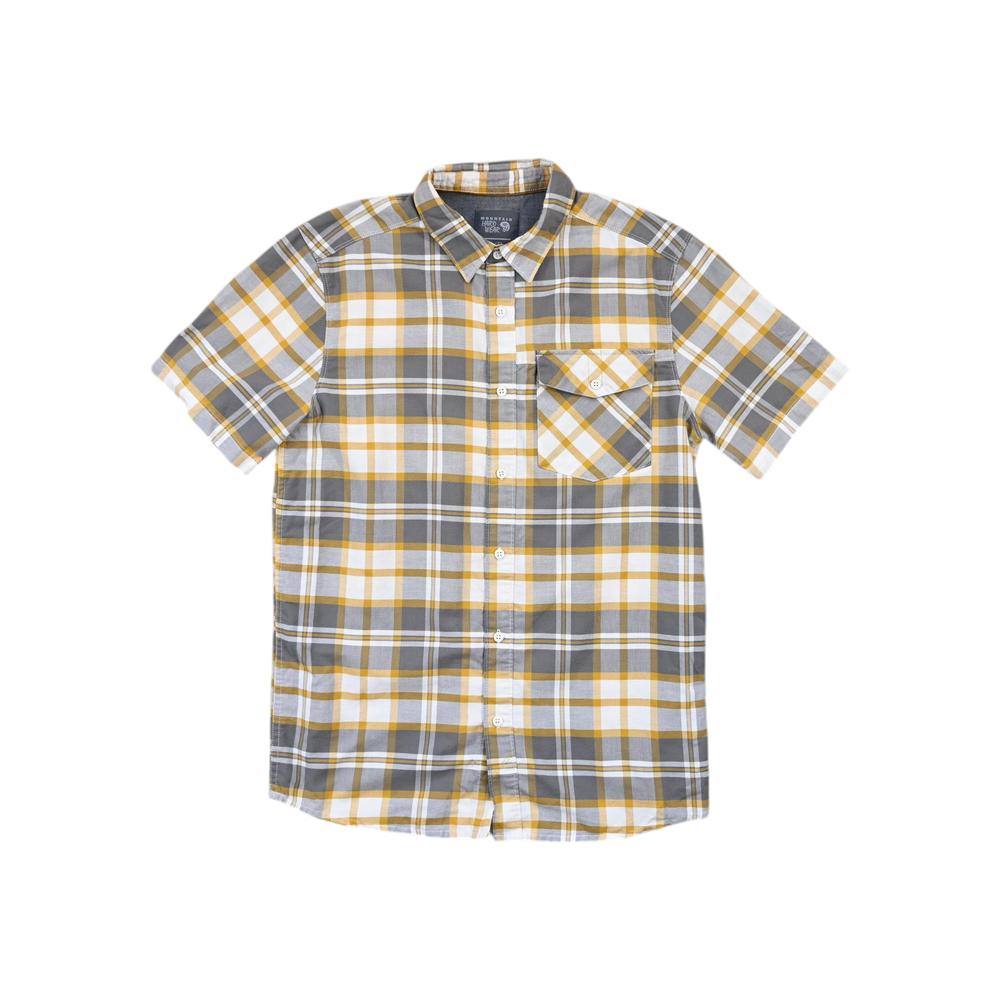 Plaid yellow and gray short-sleeve shirt by Mountain Hardwear, featuring a chest pocket and button-down style.