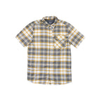 Plaid yellow and gray short-sleeve shirt by Mountain Hardwear, featuring a chest pocket and button-down style.