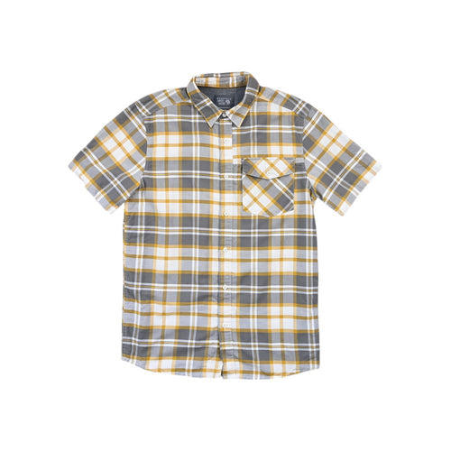 Plaid yellow and gray short-sleeve shirt by Mountain Hardwear, featuring a chest pocket and button-down style.